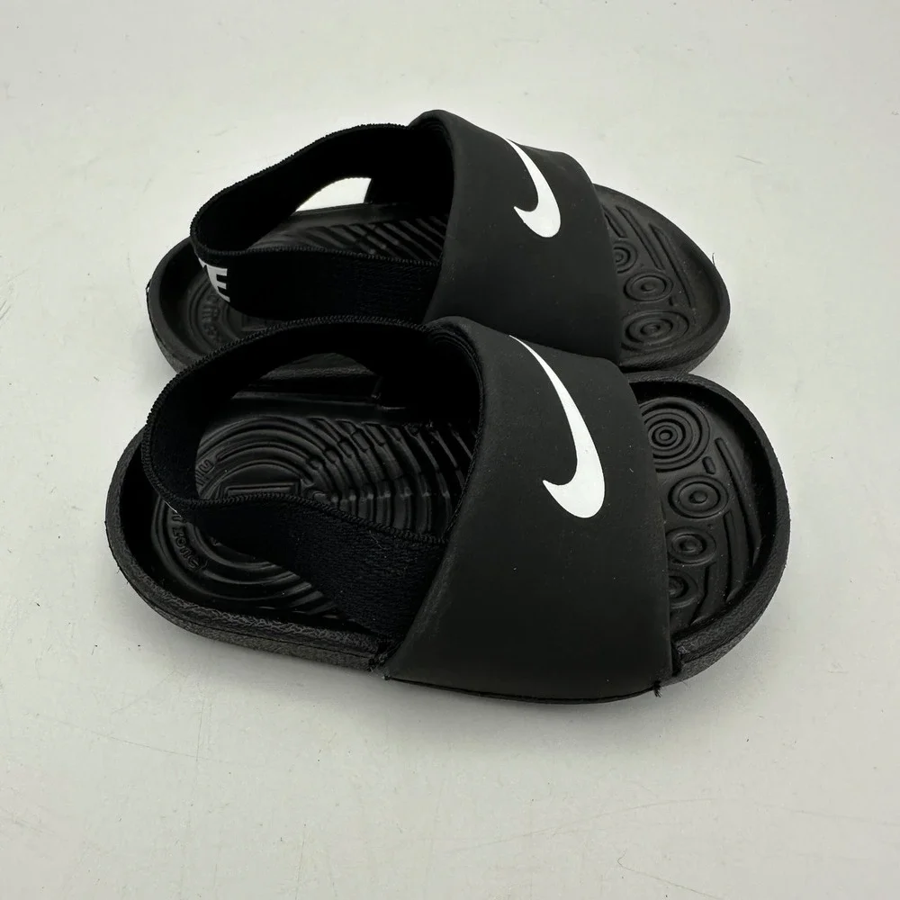 Nike Kawa Slide Toddler 4C Black White Swoosh Elastic Heel Strap BV1094-001